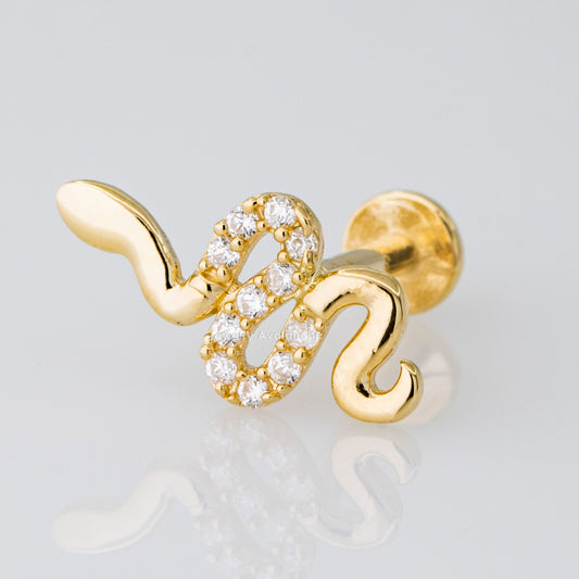 Jewelry Avalanche Solid 14K Gold CZ Snake Labret Stud, Helix, Tragus, 8mm Post, Internally Threaded, Flat Back