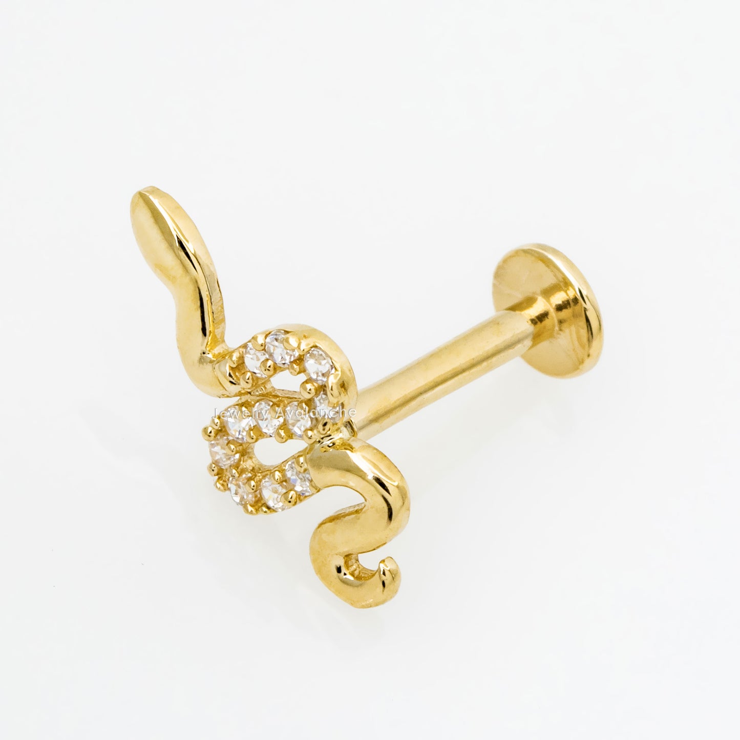 Jewelry Avalanche Solid 14K Gold CZ Snake Labret Stud, Helix, Tragus, 8mm Post, Internally Threaded, Flat Back