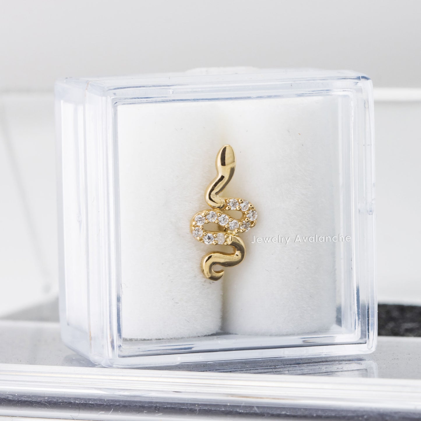 Jewelry Avalanche Solid 14K Gold CZ Snake Labret Stud, Helix, Tragus, 8mm Post, Internally Threaded, Flat Back