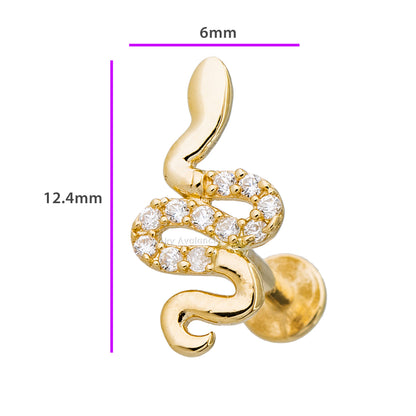 Jewelry Avalanche Solid 14K Gold CZ Snake Labret Stud, Helix, Tragus, 8mm Post, Internally Threaded, Flat Back