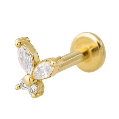 Jewelry Avalanche Solid 14K Gold Marquise CZ Butterfly Labret Stud, Helix, Tragus, 8mm Post, Internally Threaded, Flat Back
