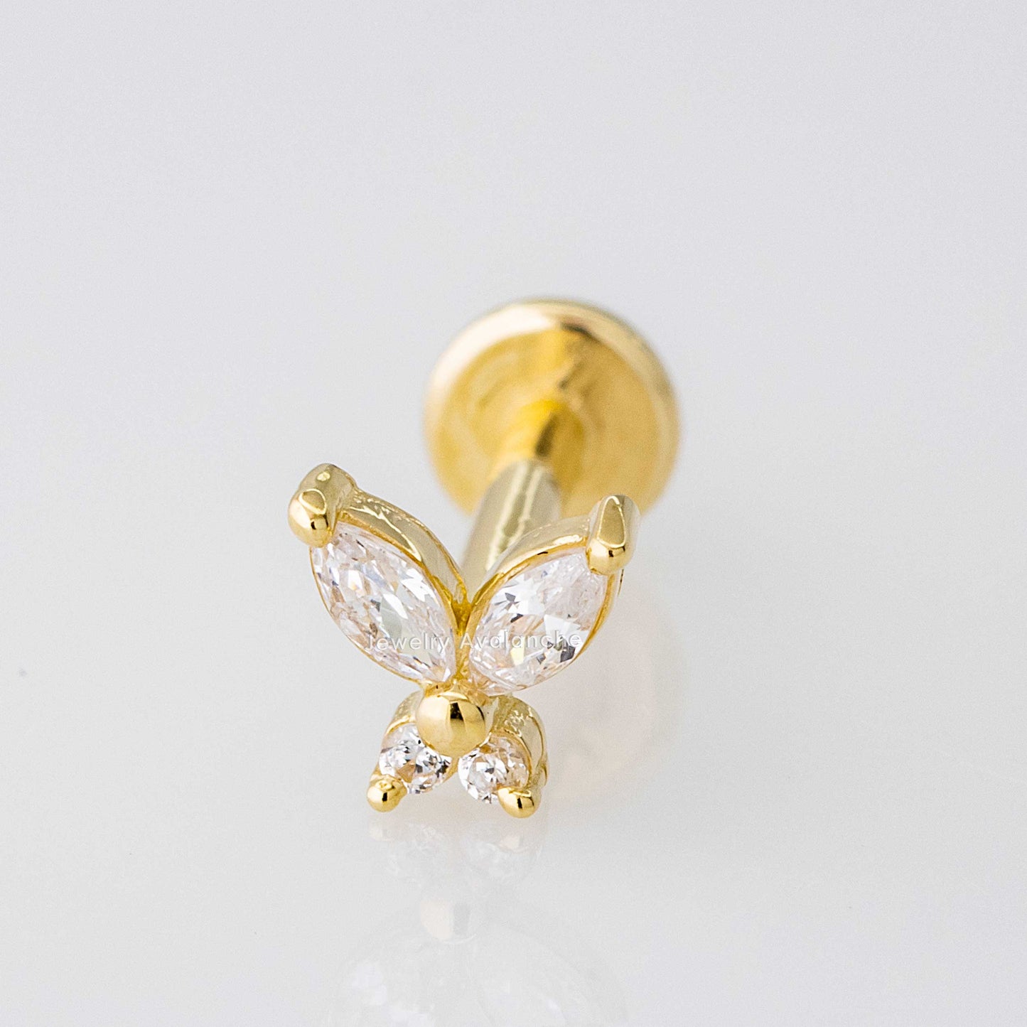 Jewelry Avalanche Solid 14K Gold Marquise CZ Butterfly Labret Stud, Helix, Tragus, 8mm Post, Internally Threaded, Flat Back