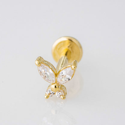 Jewelry Avalanche Solid 14K Gold Marquise CZ Butterfly Labret Stud, Helix, Tragus, 8mm Post, Internally Threaded, Flat Back