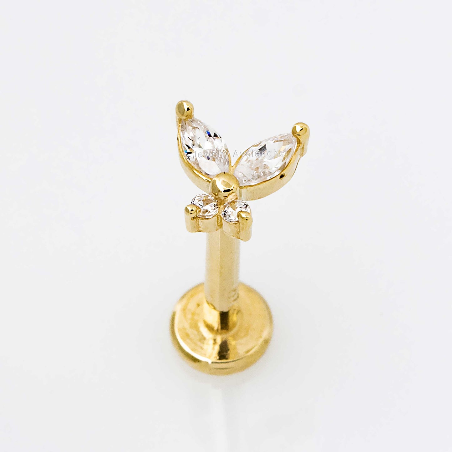 Jewelry Avalanche Solid 14K Gold Marquise CZ Butterfly Labret Stud, Helix, Tragus, 8mm Post, Internally Threaded, Flat Back