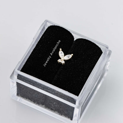 Jewelry Avalanche Solid 14K Gold Marquise CZ Butterfly Labret Stud, Helix, Tragus, 8mm Post, Internally Threaded, Flat Back