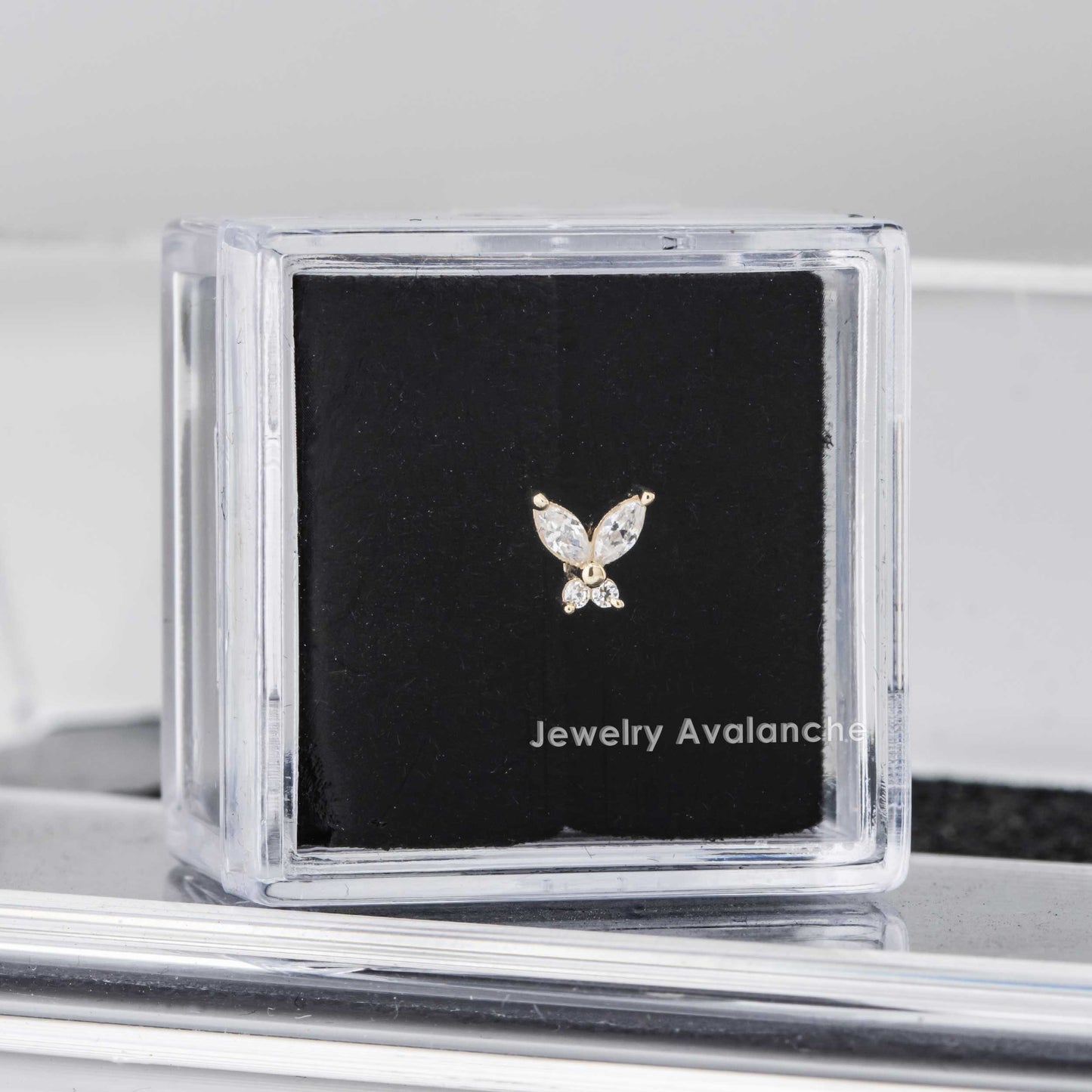 Jewelry Avalanche Solid 14K Gold Marquise CZ Butterfly Labret Stud, Helix, Tragus, 8mm Post, Internally Threaded, Flat Back