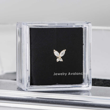Jewelry Avalanche Solid 14K Gold Marquise CZ Butterfly Labret Stud, Helix, Tragus, 8mm Post, Internally Threaded, Flat Back