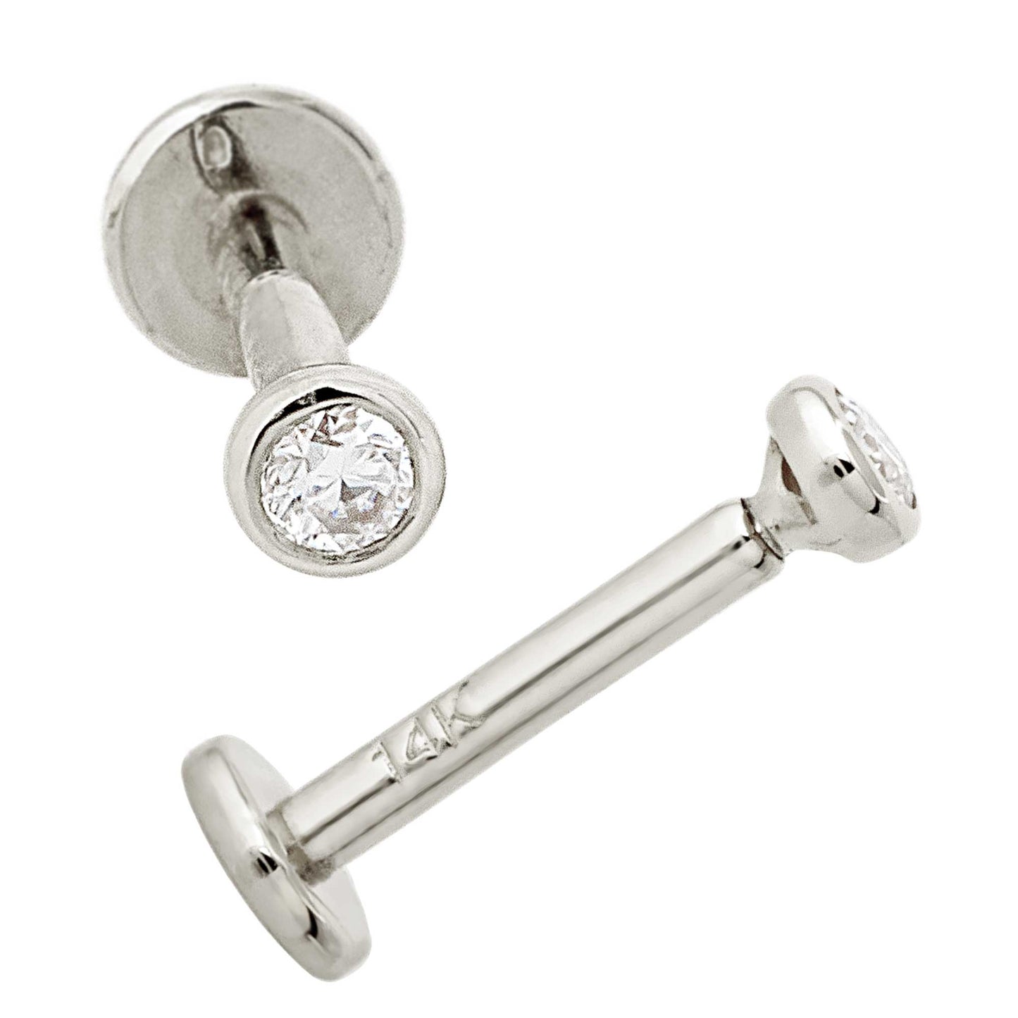 Jewelry Avalanche Unisex 14K Gold Bezel Set 2mm Moissanite Labret Studs, Monroe, Lip Ring, 16G