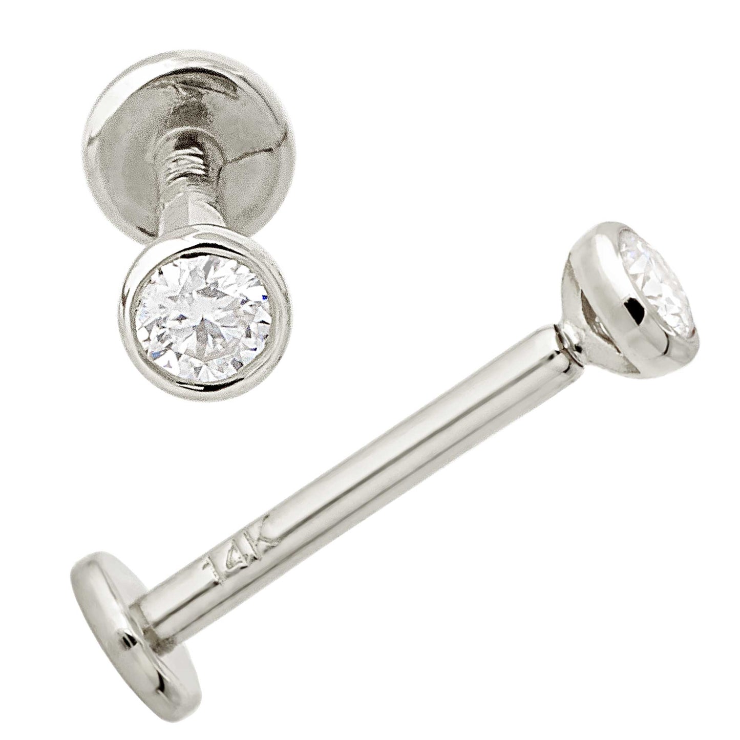 Jewelry Avalanche Unisex 14K Gold Bezel Set 2.5mm Moissanite Labret Studs, Monroe, Lip Ring, 16G