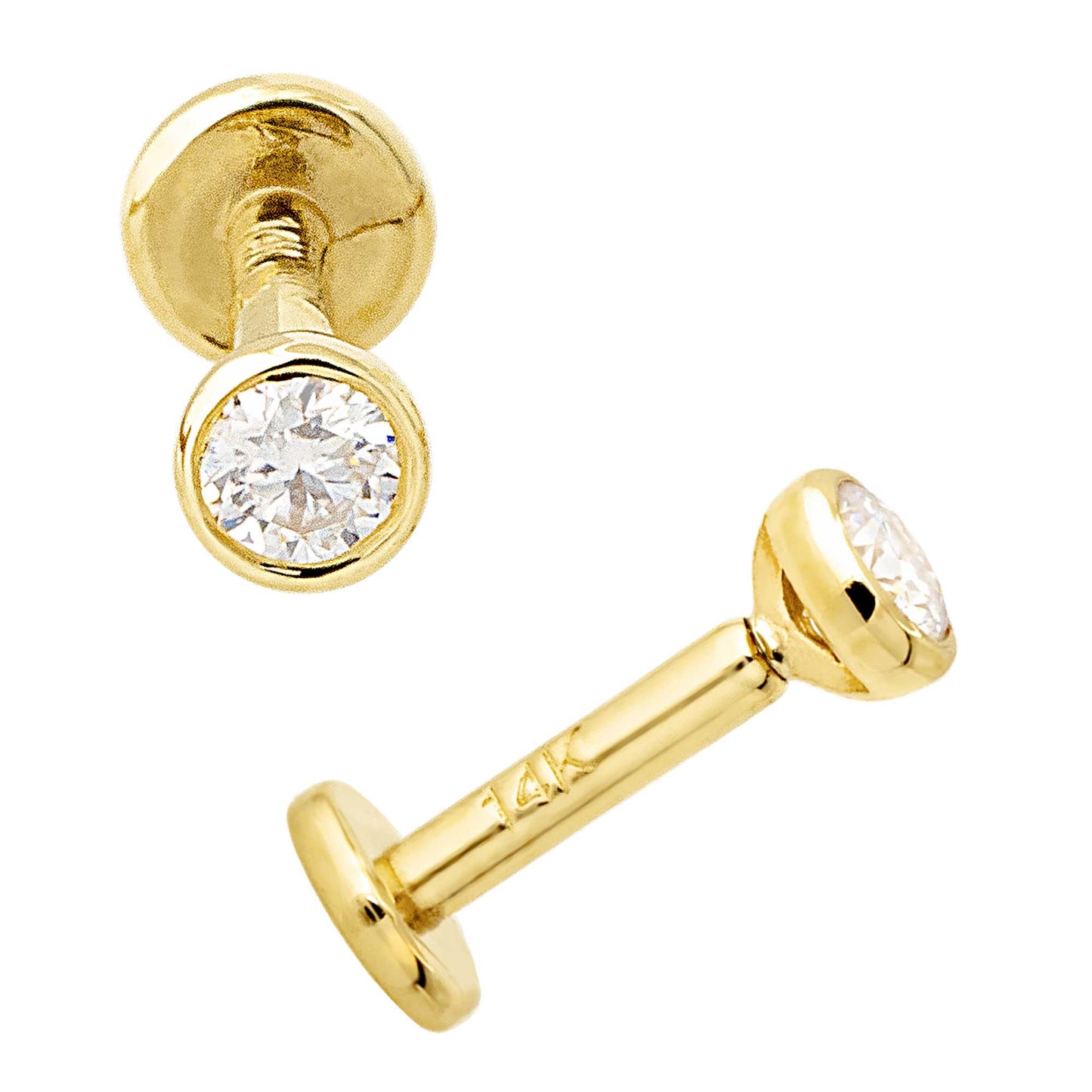 Jewelry Avalanche Unisex 14K Gold Bezel Set 2.5mm Moissanite Labret Studs, Monroe, Lip Ring, 16G