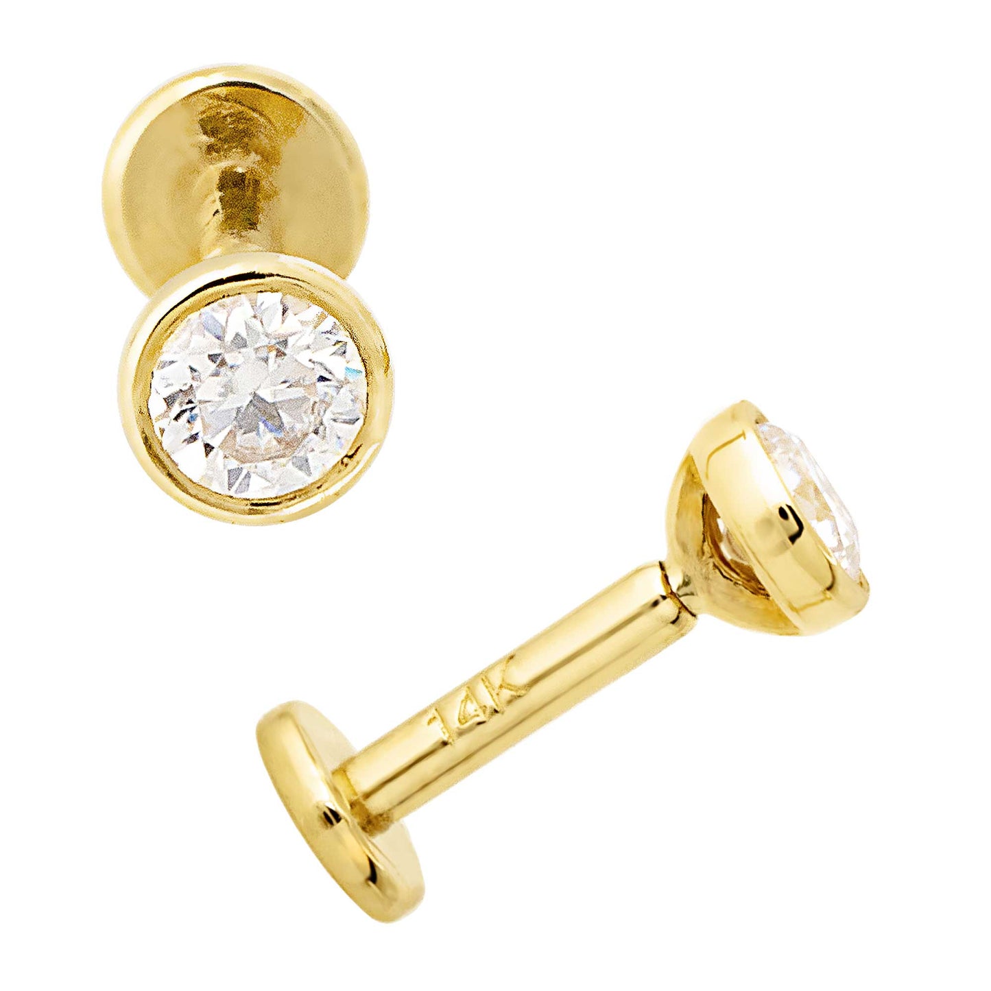 Jewelry Avalanche Unisex 14K Gold Bezel Set 3mm Moissanite Labret Studs, Monroe, Lip Ring, 16G