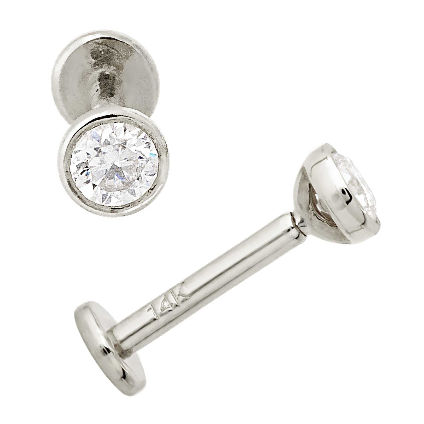 Jewelry Avalanche Unisex 14K Gold Bezel Set 3mm Moissanite Labret Studs, Monroe, Lip Ring, 16G