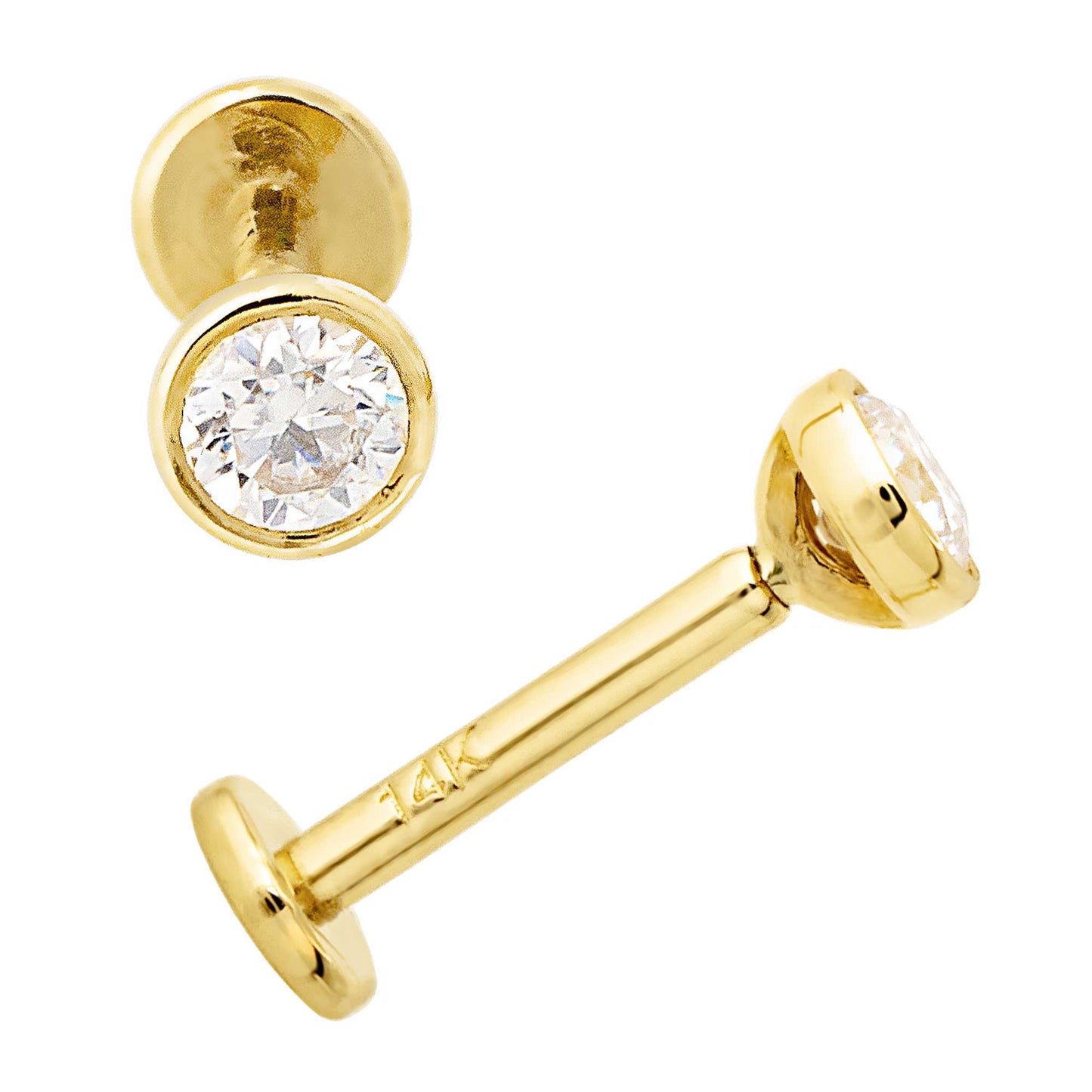 Jewelry Avalanche Unisex 14K Gold Bezel Set 3mm Moissanite Labret Studs, Monroe, Lip Ring, 16G
