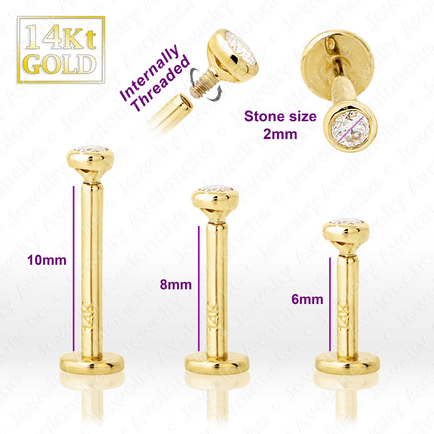 Jewelry Avalanche Unisex 14K Gold Bezel Set 2mm Moissanite Labret Studs, Monroe, Lip Ring, 16G