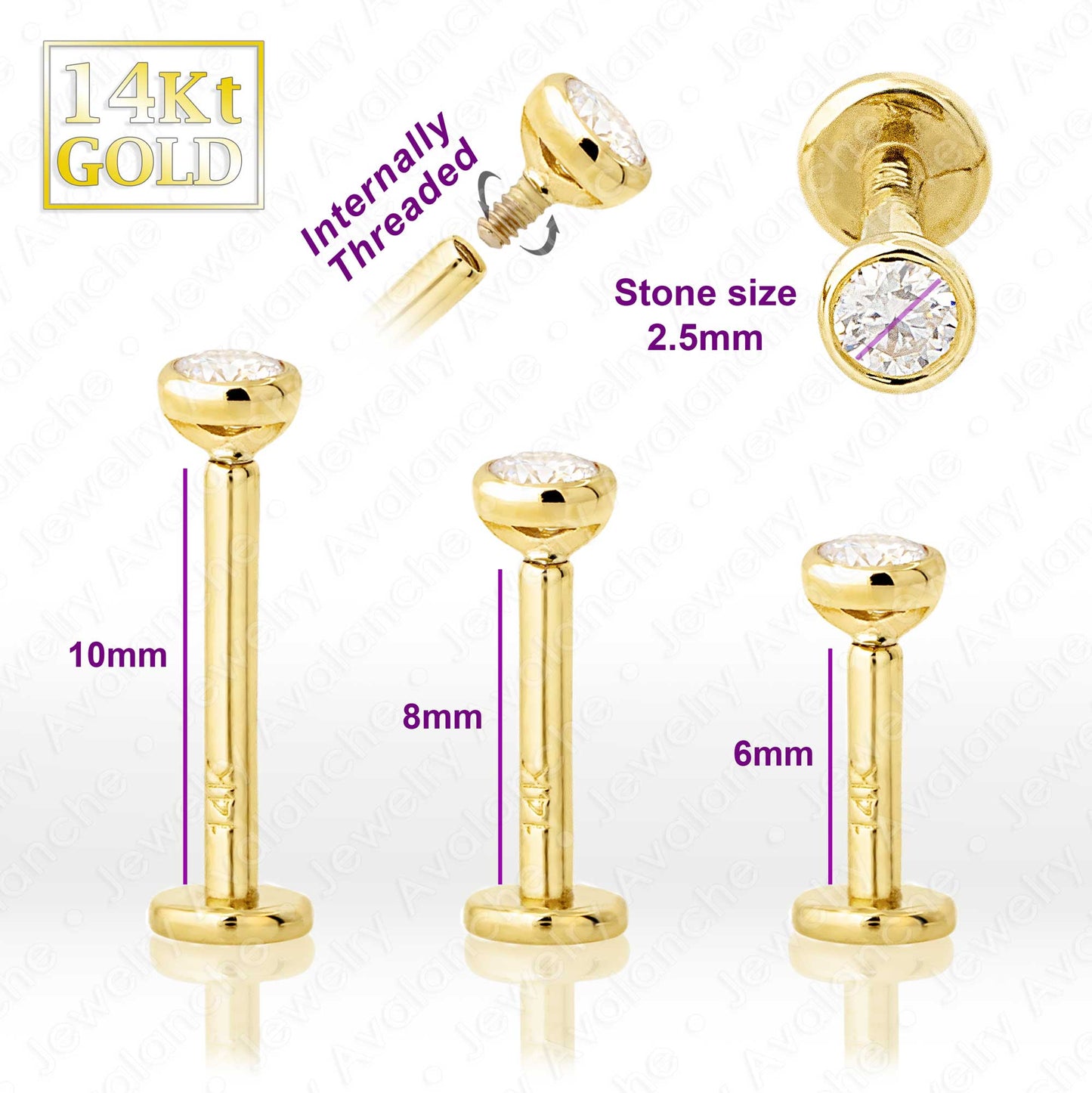 Jewelry Avalanche Unisex 14K Gold Bezel Set 2.5mm Moissanite Labret Studs, Monroe, Lip Ring, 16G
