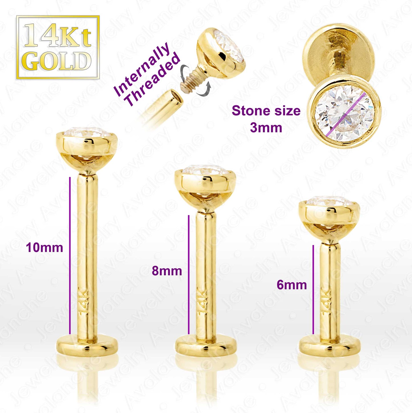 Jewelry Avalanche Unisex 14K Gold Bezel Set 3mm Moissanite Labret Studs, Monroe, Lip Ring, 16G
