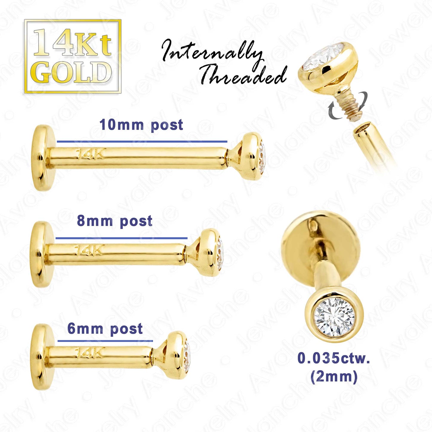 Jewelry Avalanche Unisex 14K Gold Bezel Set 2mm Diamond Labret Studs, Monroe, Lip Ring, 16G