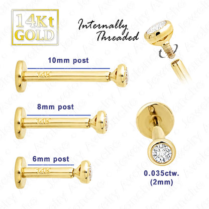 Jewelry Avalanche Unisex 14K Gold Bezel Set 2mm Diamond Labret Studs, Monroe, Lip Ring, 16G