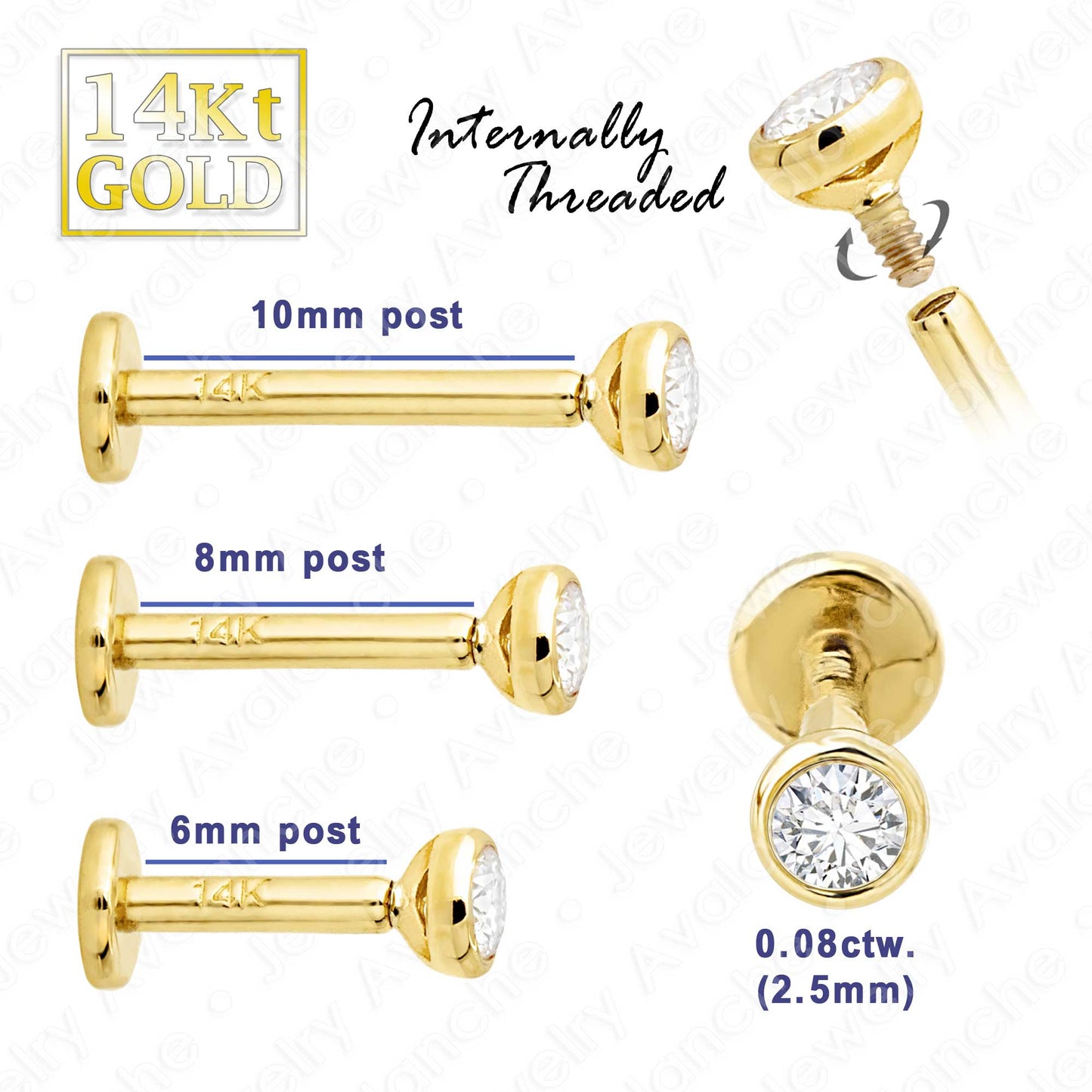 Jewelry Avalanche Unisex 14K Gold Bezel Set 2.5mm Diamond Labret Studs, Monroe, Lip Ring, 16G