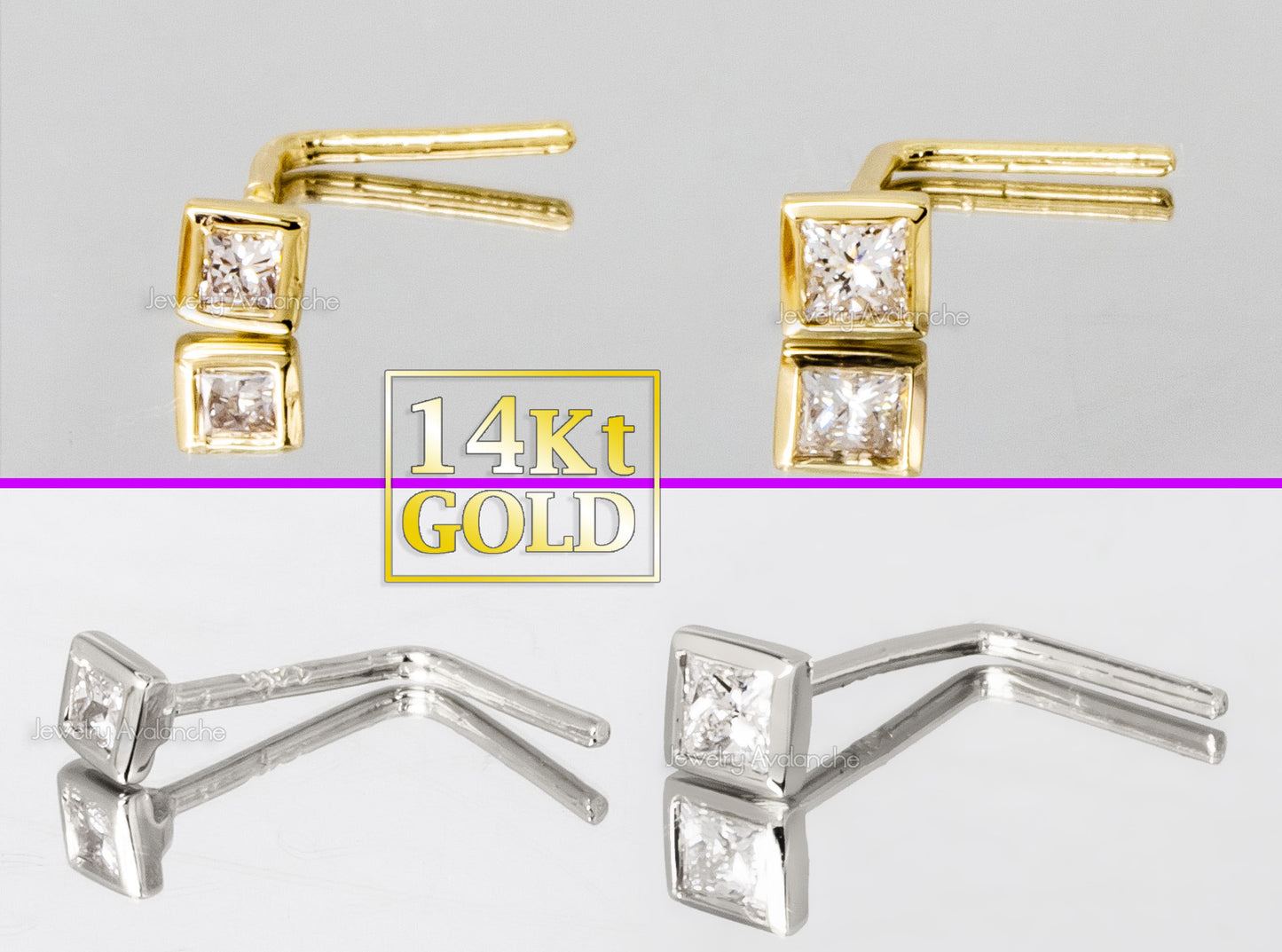 Jewelry Avalanche Bezel Set Princess Cut Diamond L-Shape Nose Stud - Solid 14K Gold - 22G