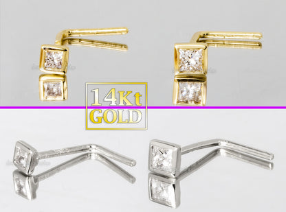 Jewelry Avalanche Bezel Set Princess Cut Diamond L-Shape Nose Stud - Solid 14K Gold - 22G