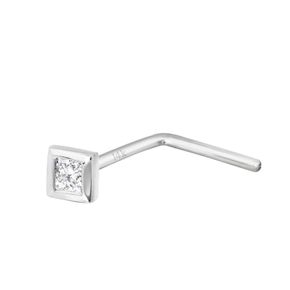 Jewelry Avalanche Bezel Set Princess Cut Diamond L-Shape Nose Stud - Solid 14K Gold - 22G