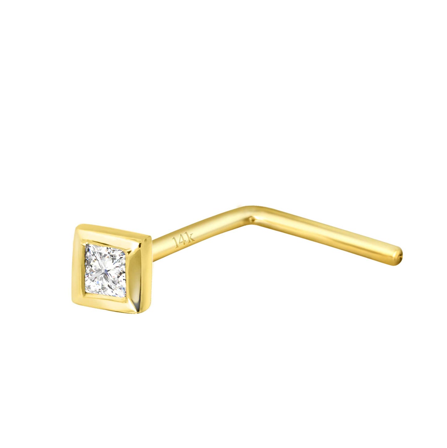 Jewelry Avalanche Bezel Set Princess Cut Diamond L-Shape Nose Stud - Solid 14K Gold - 22G