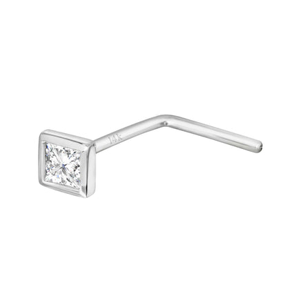 Jewelry Avalanche Bezel Set Princess Cut Diamond L-Shape Nose Stud - Solid 14K Gold - 22G