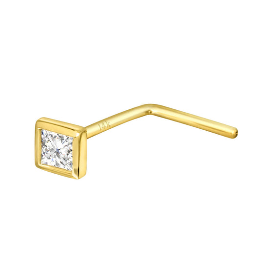 Jewelry Avalanche Bezel Set Princess Cut Diamond L-Shape Nose Stud - Solid 14K Gold - 22G
