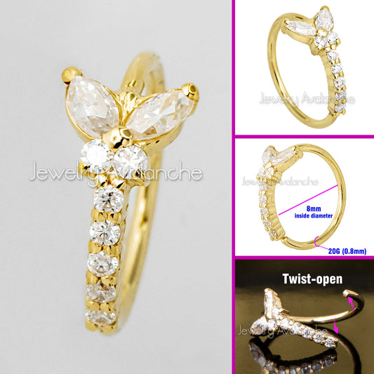 Jewelry Avalanche 14K Gold Butterfly Moissanite Nose Hoop Ring, 20G, 8mm, Twist-open
