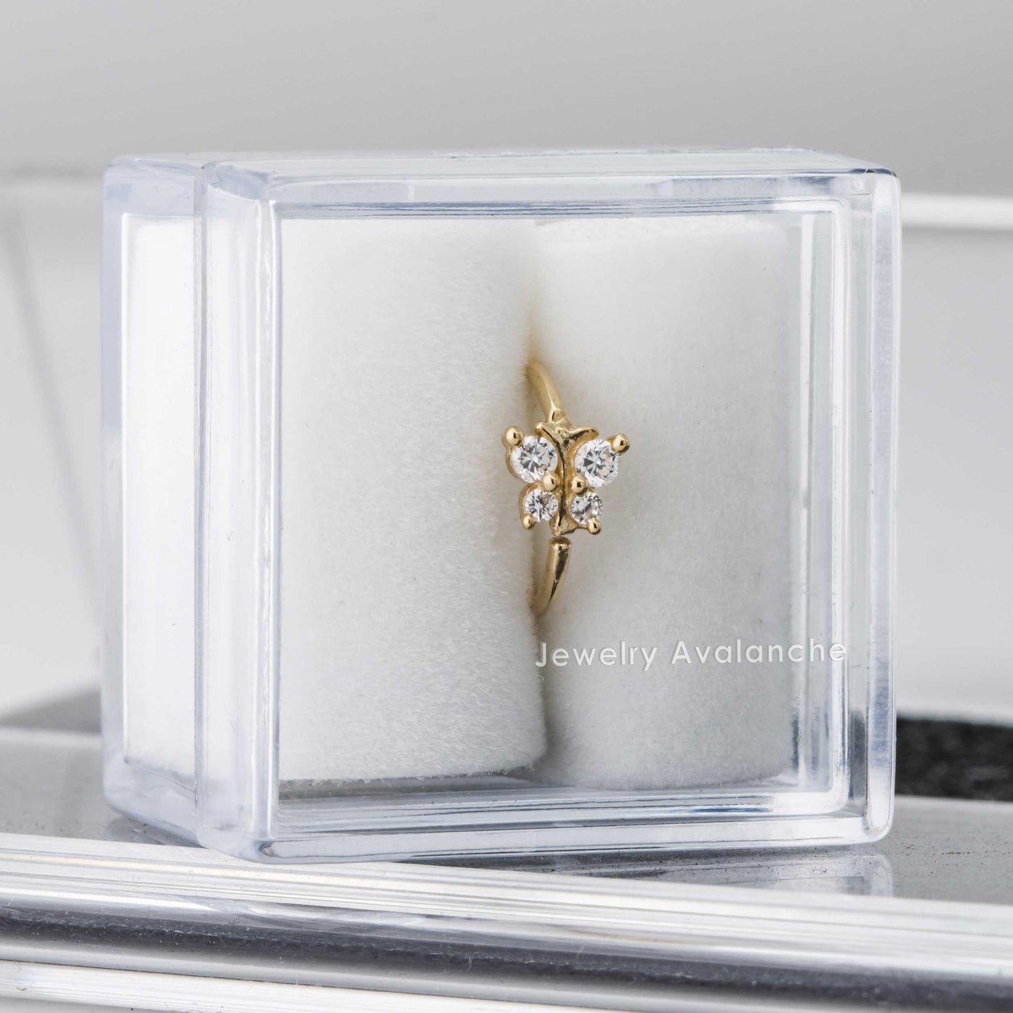 Jewelry Avalanche 14K Gold Butterfly Nose Hoop with 4 CZ Stones – 20G Twist Open Nose Ring