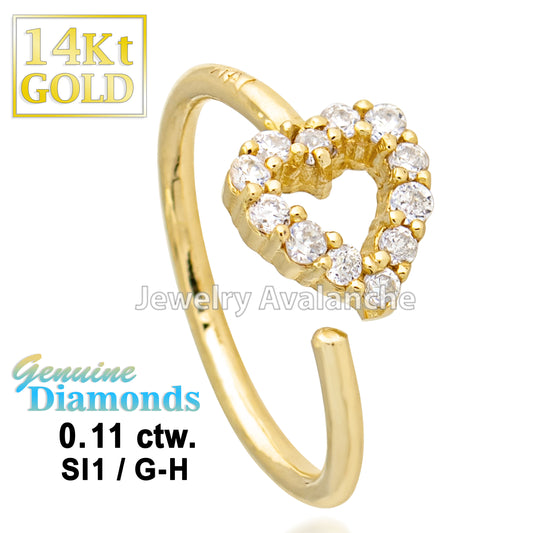 Jewelry Avalanche 20G 14K Gold 0.11ctw Diamond Heart Nose Hoop Ring, Twist-open 5/16"(8mm)