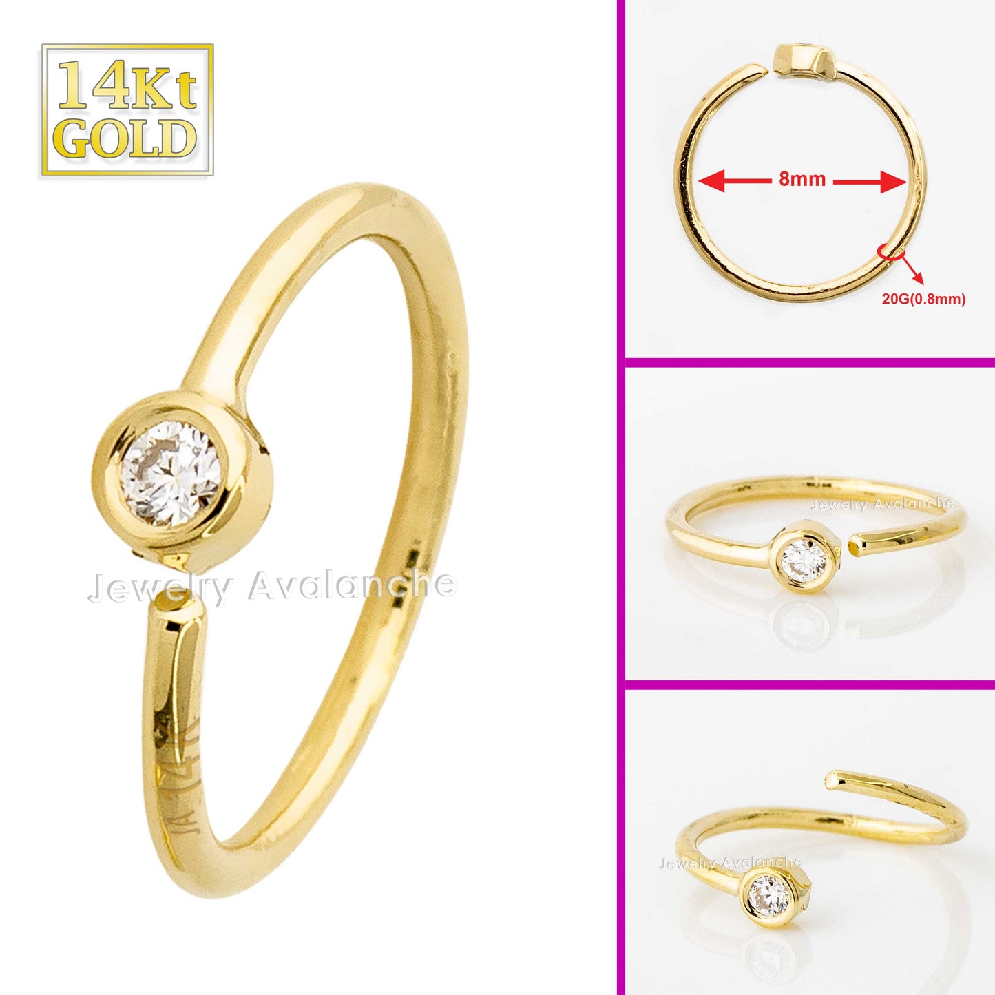 Jewelry Avalanche 20G 14K Gold Diamond Nose Hoop Ring, Bezel Set, 8mm Twist-open