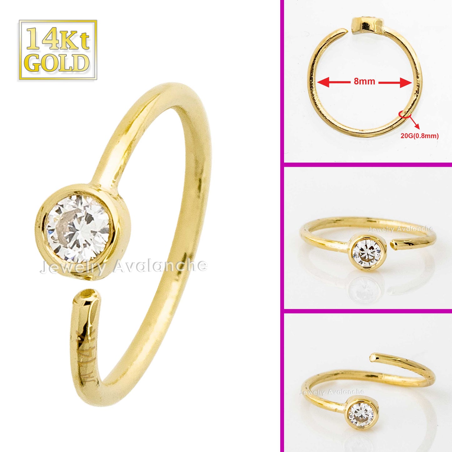 Jewelry Avalanche 20G 14K Gold Diamond Nose Hoop Ring, Bezel Set, 8mm Twist-open