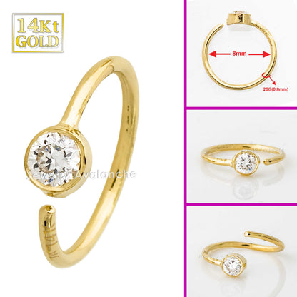 Jewelry Avalanche 20G 14K Gold Diamond Nose Hoop Ring, Bezel Set, 8mm Twist-open