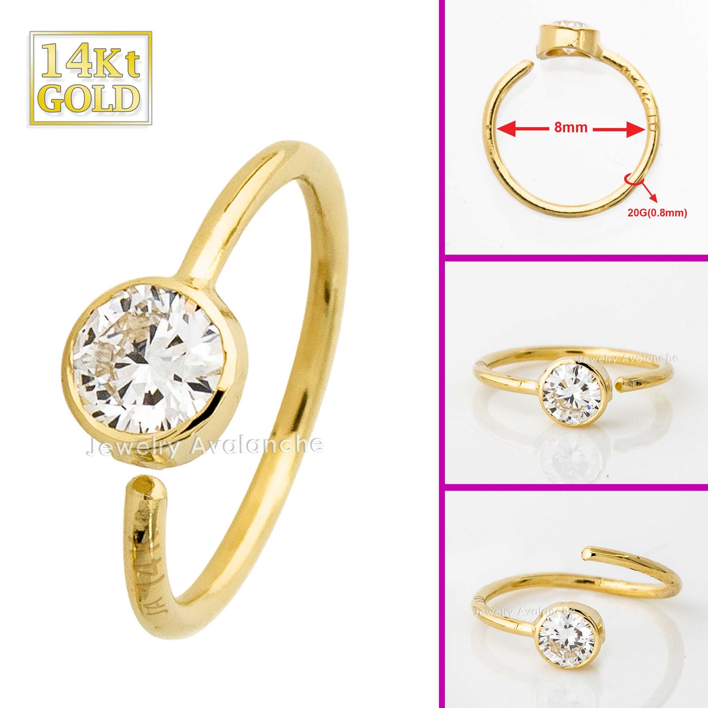 Jewelry Avalanche 20G 14K Gold Diamond Nose Hoop Ring, Bezel Set, 8mm Twist-open