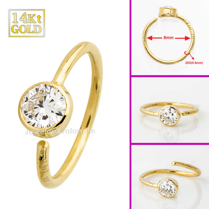 Jewelry Avalanche 20G 14K Gold Diamond Nose Hoop Ring, Bezel Set, 8mm Twist-open