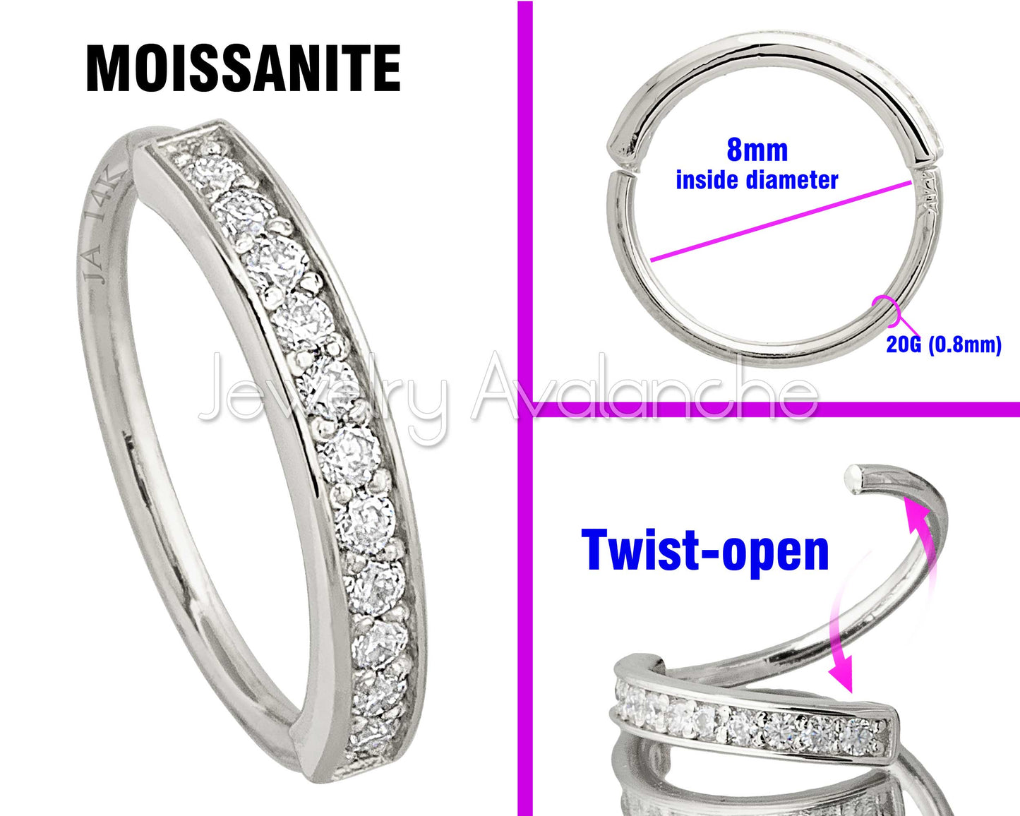Jewelry Avalanche Solid 20G 14K Gold Moissanite Nose Hoop Ring, 11-stone Nose Ring