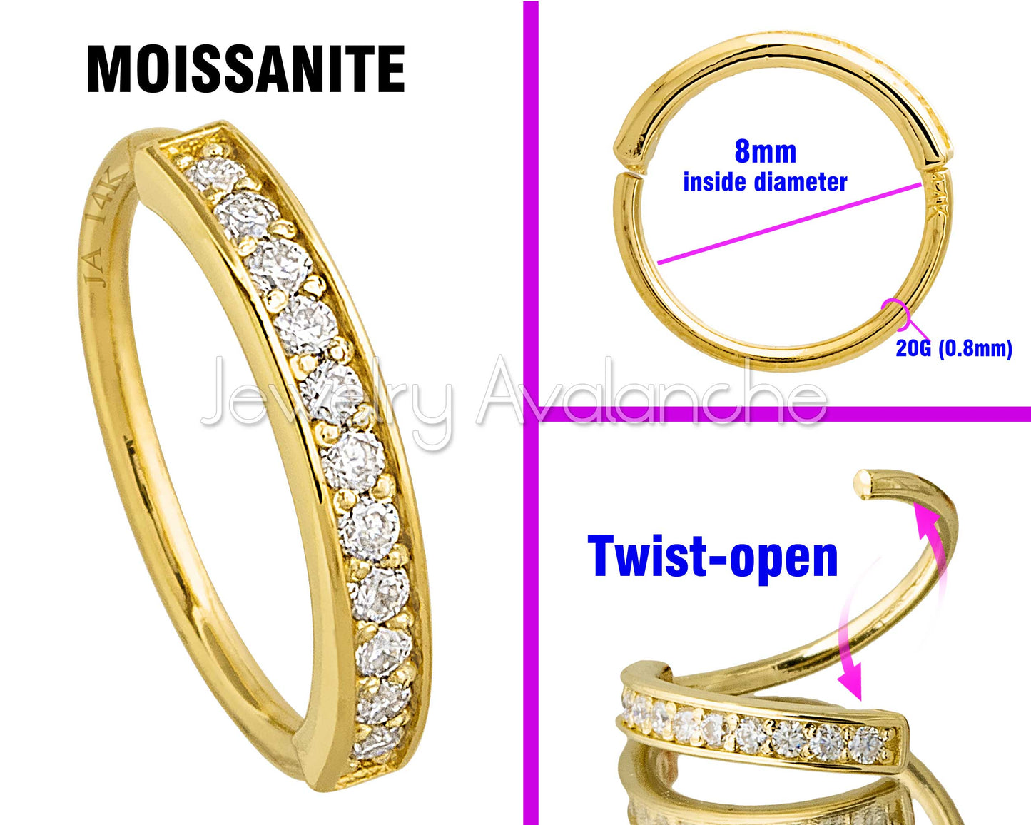 Jewelry Avalanche Solid 20G 14K Gold Moissanite Nose Hoop Ring, 11-stone Nose Ring