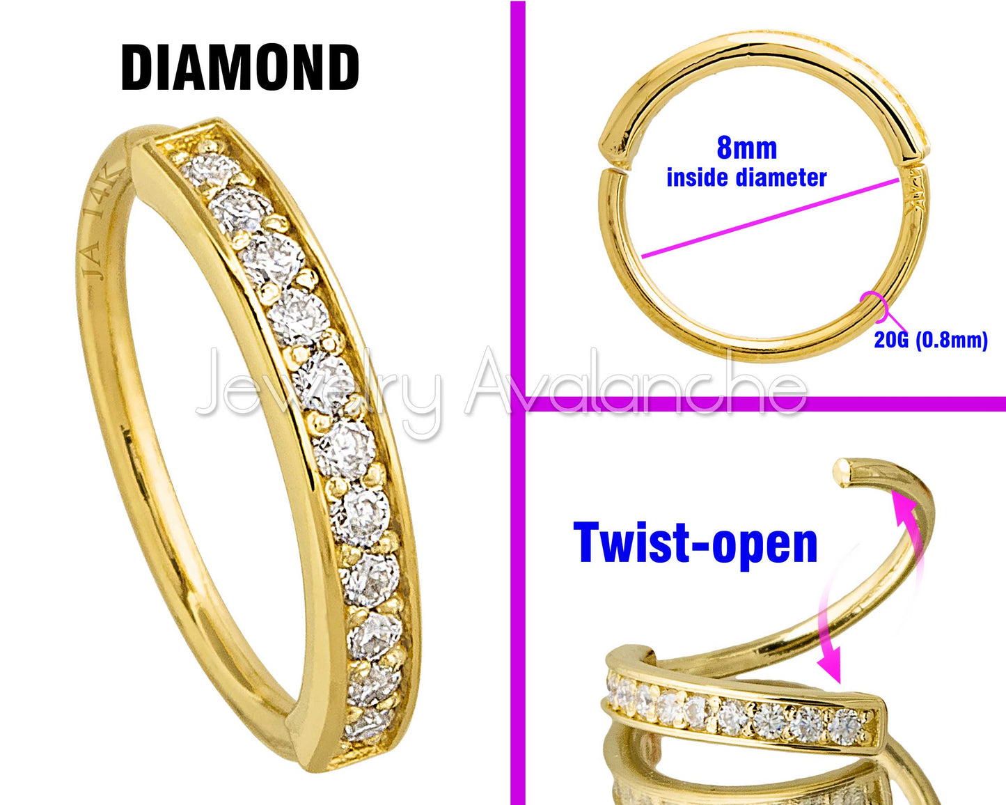 Jewelry Avalanche Solid 20G 14K Gold Prong Set 11-Stone Diamond Nose Ring