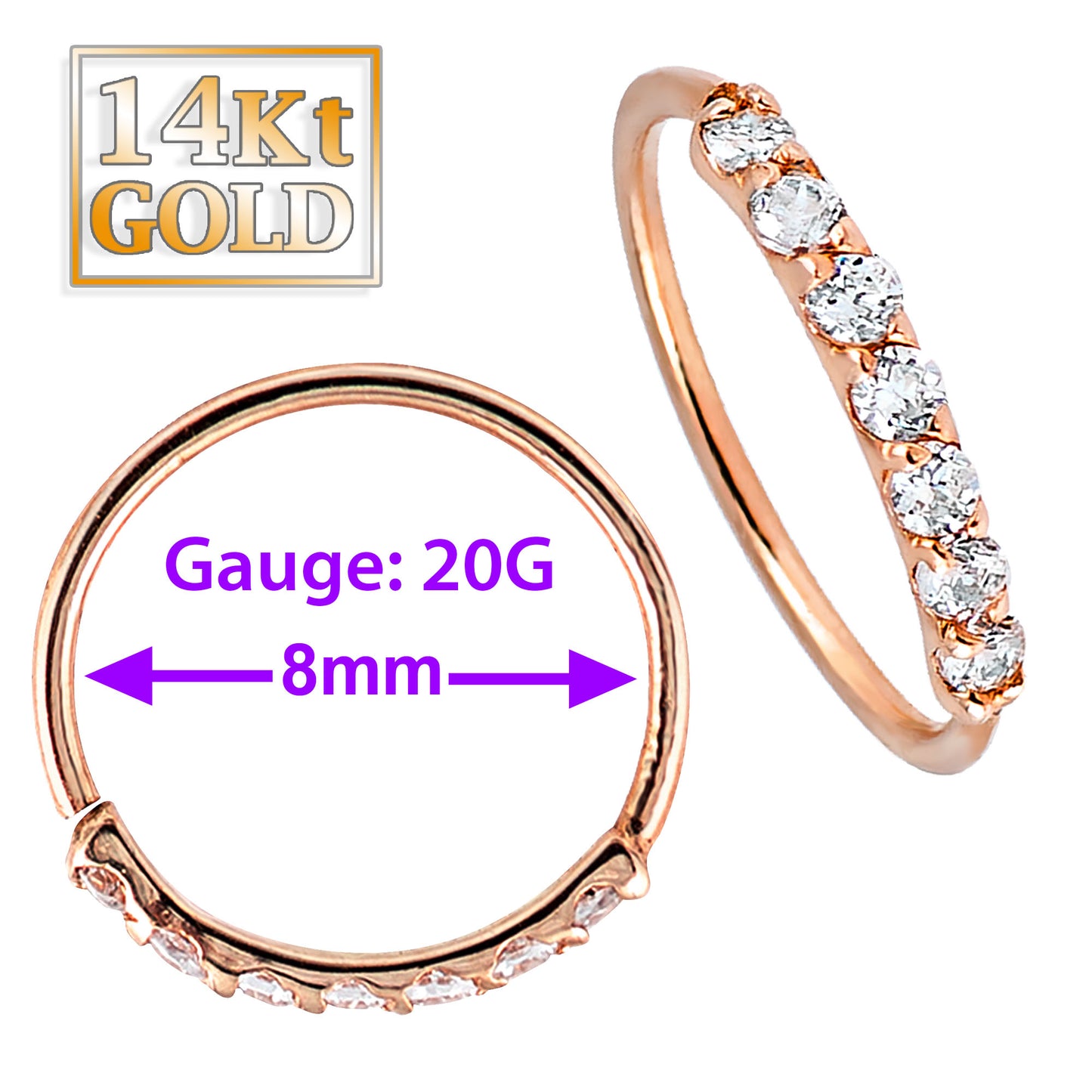 Jewelry Avalanche Unisex 20G 14K Gold Nose Hoop Ring with Diamonds, 8mm Diameter, Twist-open