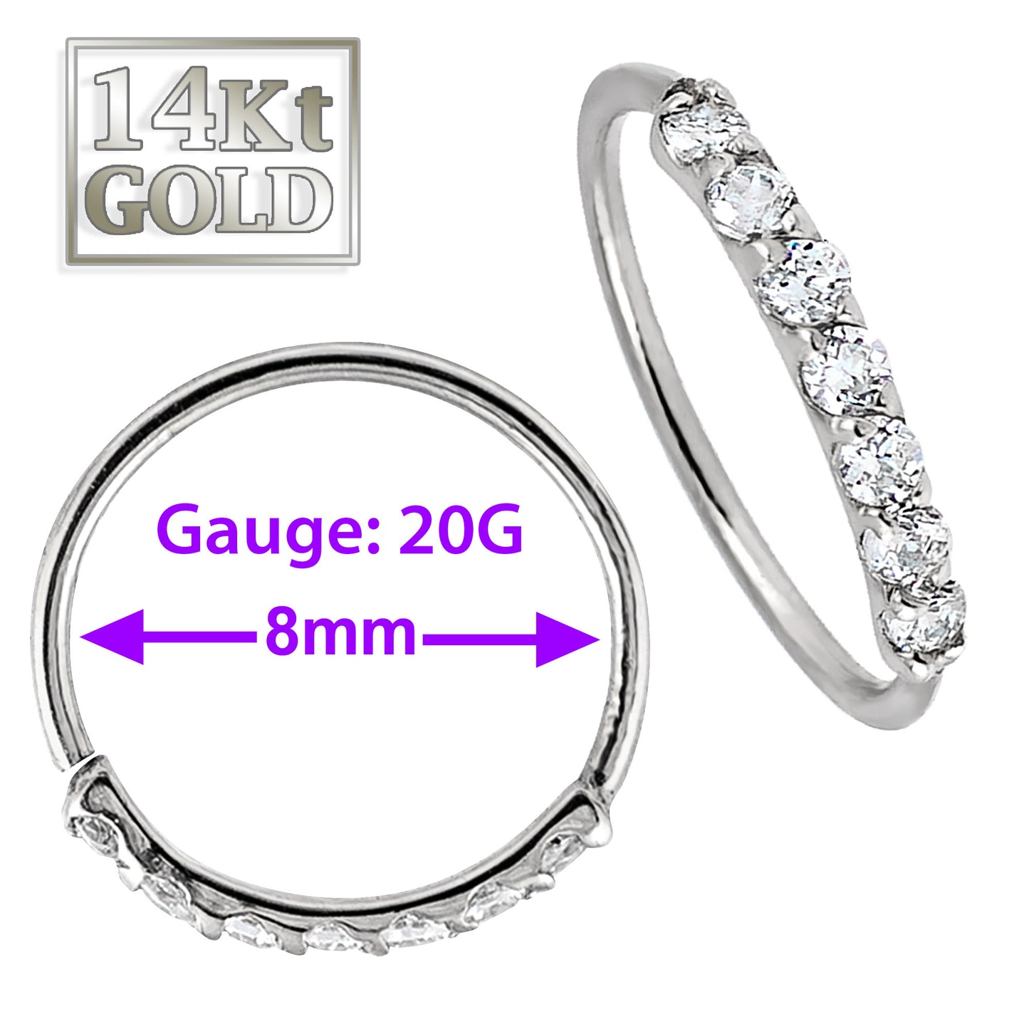 Jewelry Avalanche Unisex 20G 14K Gold Nose Hoop Ring with Diamonds, 8mm Diameter, Twist-open