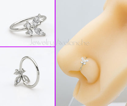 Jewelry Avalanche 14K Gold Butterfly CZ Nose Hoop Ring, 20G, 8mm, Twist-open