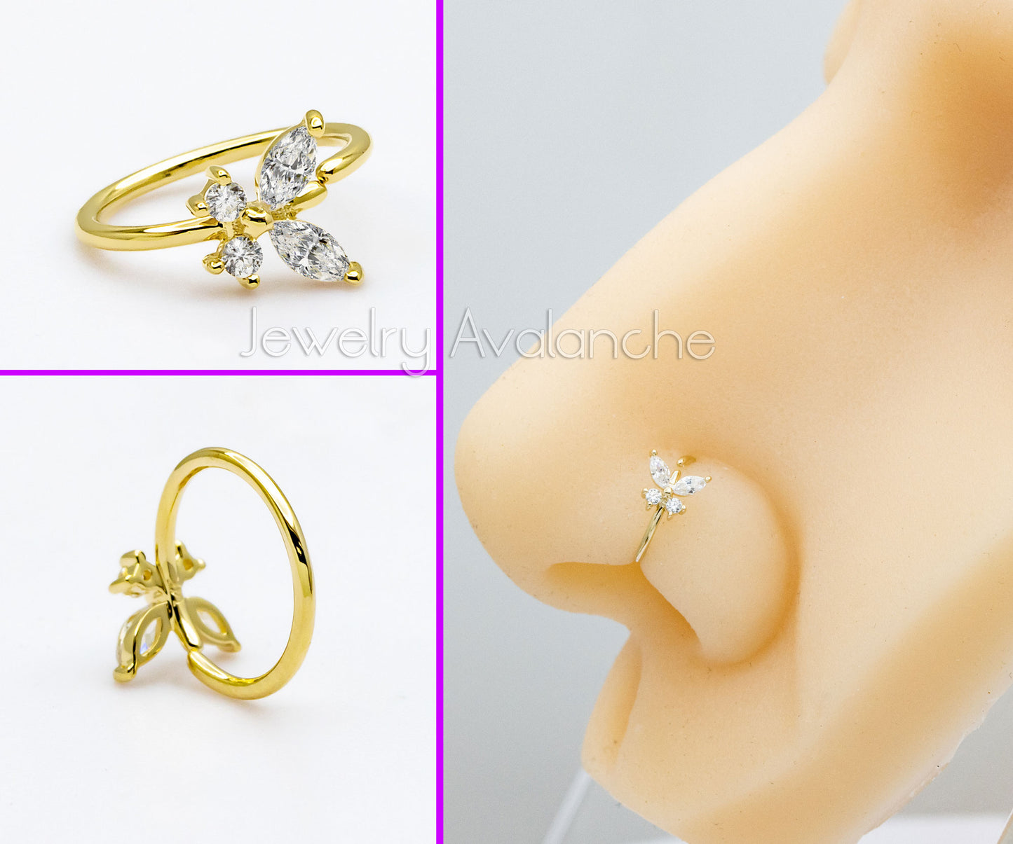 Jewelry Avalanche 14K Gold Butterfly CZ Nose Hoop Ring, 20G, 8mm, Twist-open