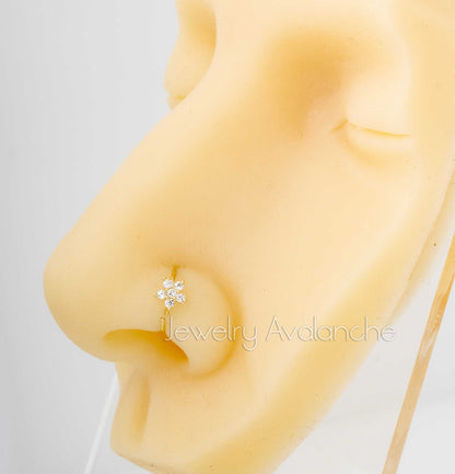Jewelry Avalanche 20G 14K Gold .075ctw Diamond Flower Nose Hoop Ring, Twist-open 5/16"(8mm)