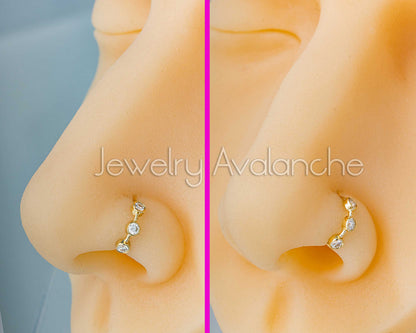Jewelry Avalanche 20G 14K Gold Bezel Set 3-stone Moissanite Nose Hoop Ring