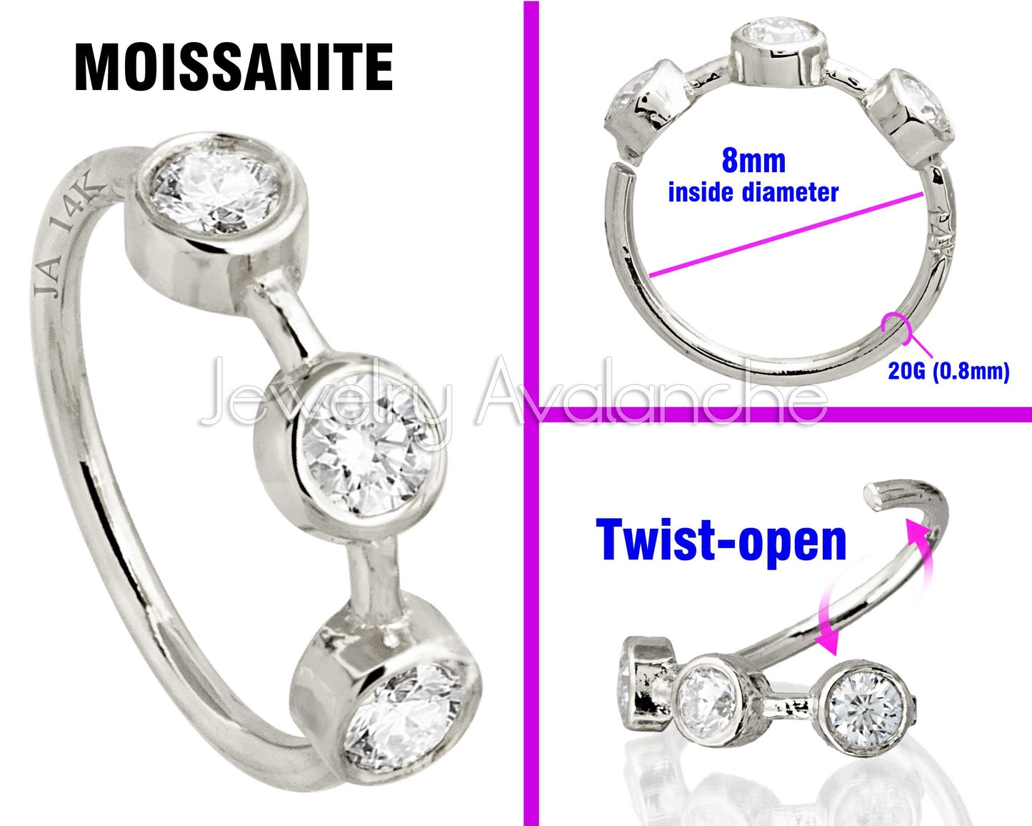 Jewelry Avalanche 20G 14K Gold Bezel Set 3-stone Moissanite Nose Hoop Ring