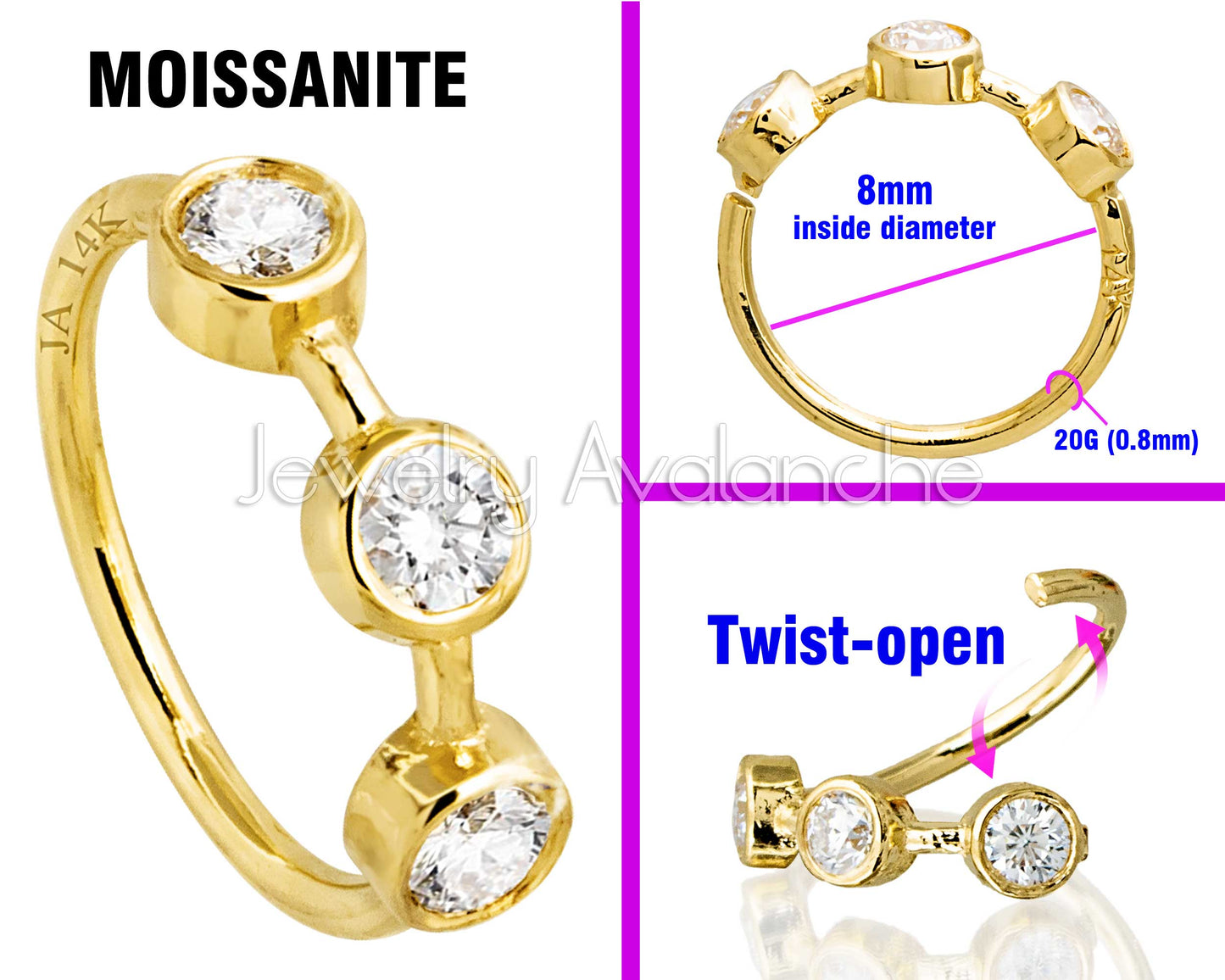 Jewelry Avalanche 20G 14K Gold Bezel Set 3-stone Moissanite Nose Hoop Ring