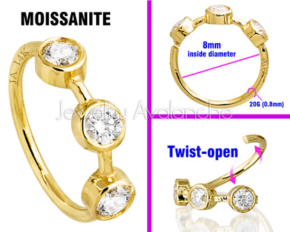 Jewelry Avalanche 20G 14K Gold Bezel Set 3-stone Moissanite Nose Hoop Ring