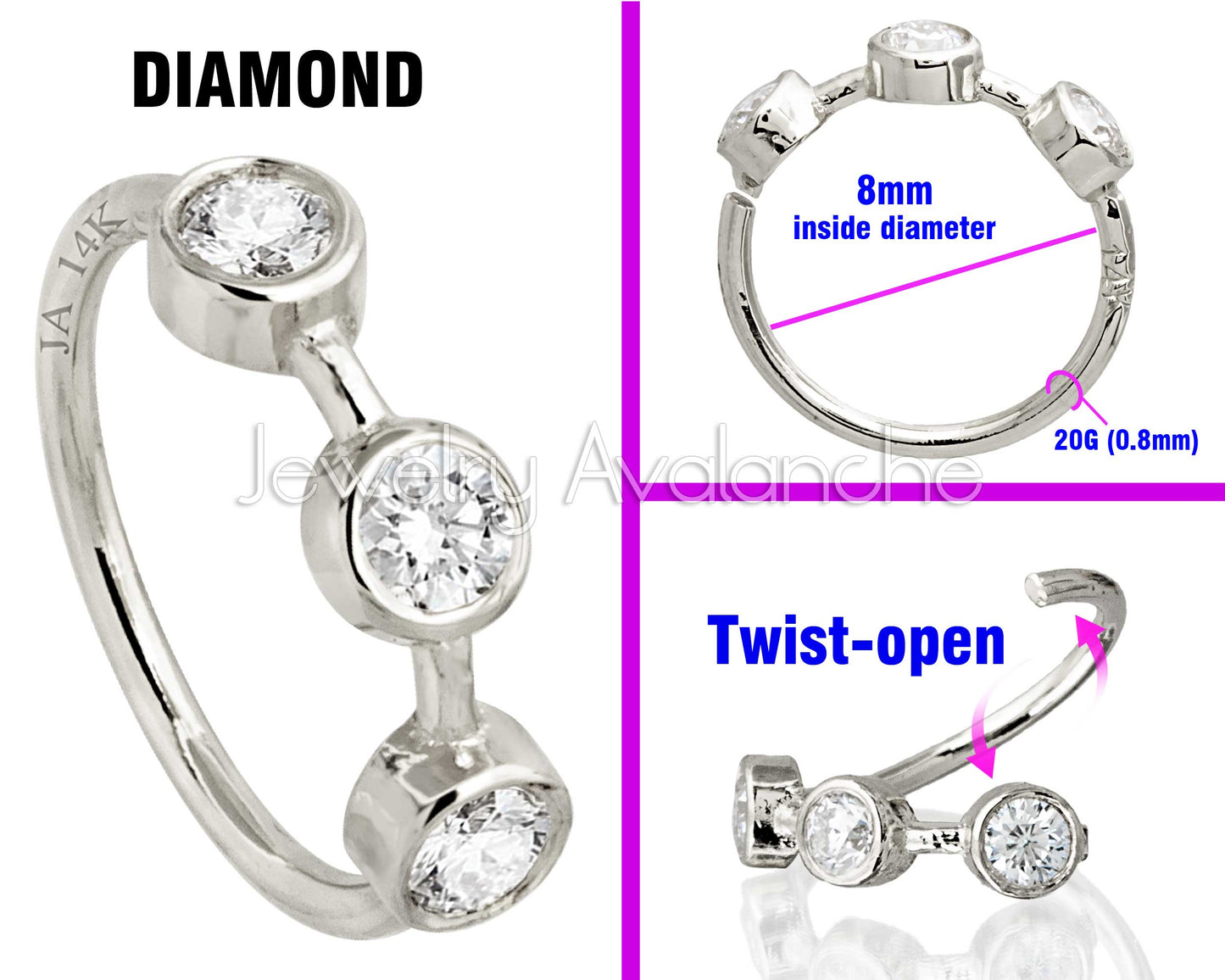 Jewelry Avalanche 14K Gold 3-stone Diamond Nose Hoop Ring, Bezel Set, 8mm, 20G